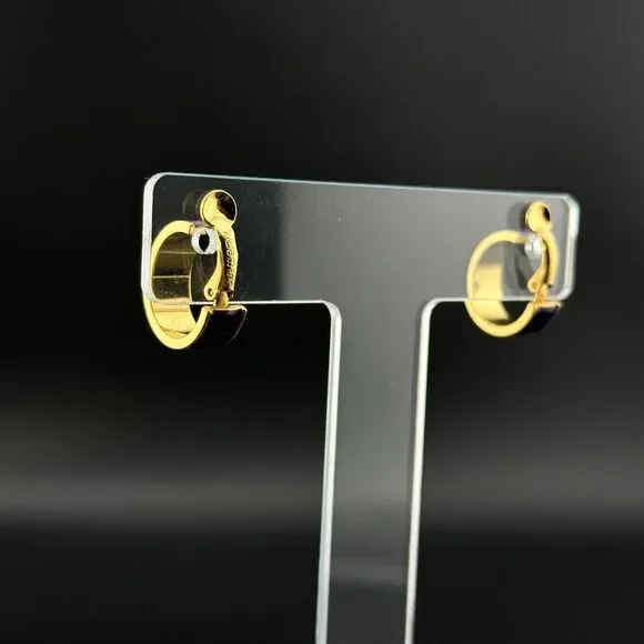 Vintage Sarah Coventry Gold Tone Purple Enamel Hoop Clip On Earrings 3/4" - Picture 5 of 11